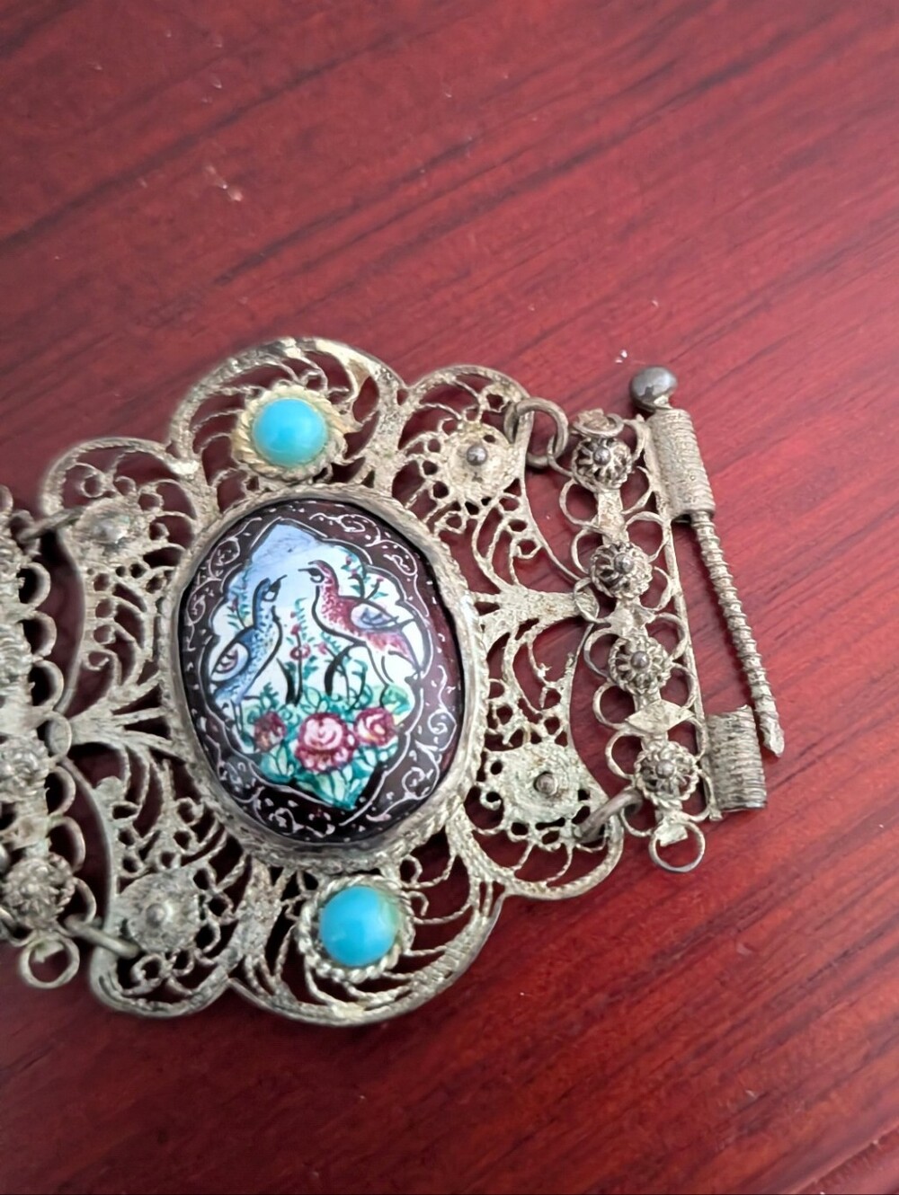 Vintage Persian/Iranian Filigree Bracelet Hand Painted Enamel Bird Deer Panels - Picture 3 of 9